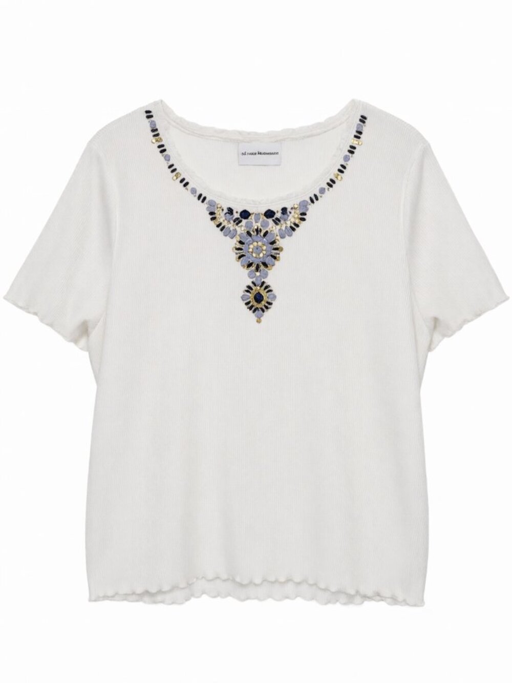 Alfred Dunner White Blue Women's White Embellished Top L